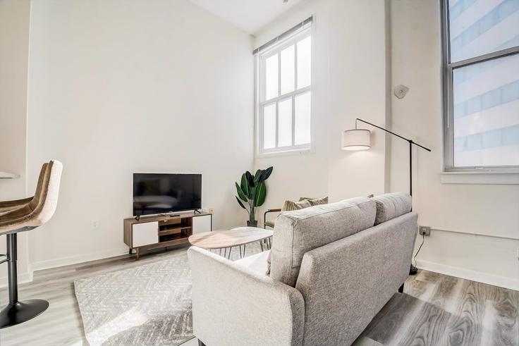 Elegant gestaltetes Wohnzimmer mit moderner Einrichtung in einer Wohnung im Building West Market Street - cozysuites-guesty - 1014592 - USA in Indianapolis, Indianapolis