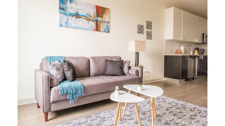 Elegant gestaltetes Wohnzimmer mit moderner Einrichtung in einer Wohnung im Building East Main Street - cozysuites-guesty - 1531977 in Louisville, Louisville Elegant gestaltetes Wohnzimmer mit moderner Einrichtung in einer Wohnung im Building East Main Street - cozysuites-guesty - 1531977 in Louisville, Louisville
