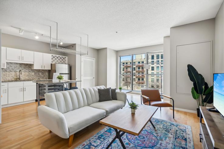 Elegant gestaltetes Wohnzimmer mit moderner Einrichtung in einer Wohnung im Building 2nd Avenue South - cozysuites-guesty - 1014635 - MSP in Minneapolis, Minneapolis