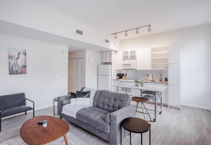Elegante sala de estar con mobiliario moderno en un apartamento en Building East 4th Street - cozysuites-guesty - 1404473 en Cincinnati, Cincinnati