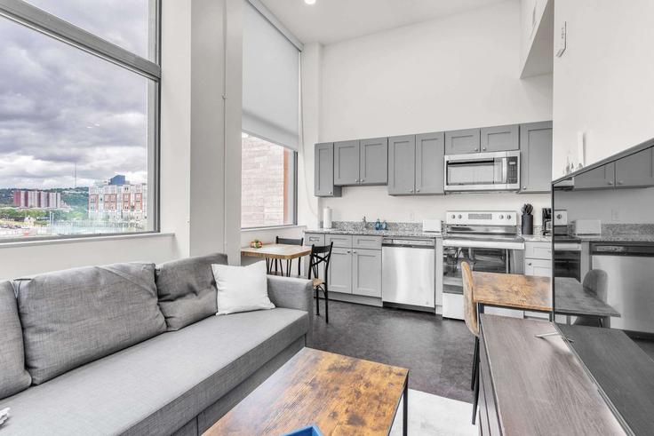 Elegante sala de estar con mobiliario moderno en un apartamento en Building Penn Avenue - cozysuites-guesty - 1230983 - USA en Pittsburgh, Pittsburgh