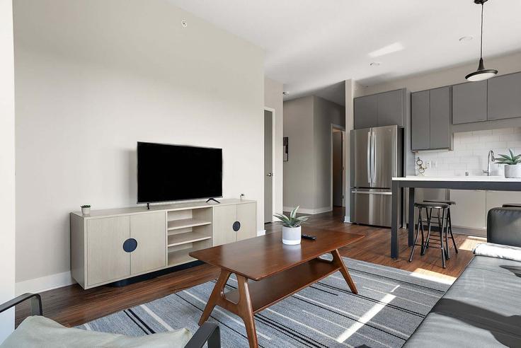 Sala de estar elegantemente projetada com móveis modernos em um apartamento no Building Nicollet Avenue - cozysuites-guesty - 1319954 em Minneapolis, Minneapolis