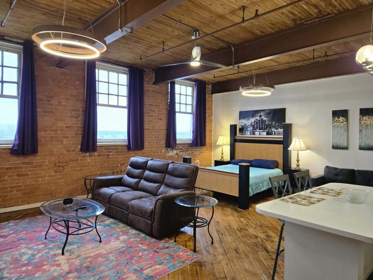 Detroit DetroitのBuilding Iron Street - detroit-furnished-rentals - 1438331のアパートメントにある、モダンな家具を備えたエレガントなデザインのリビングルーム