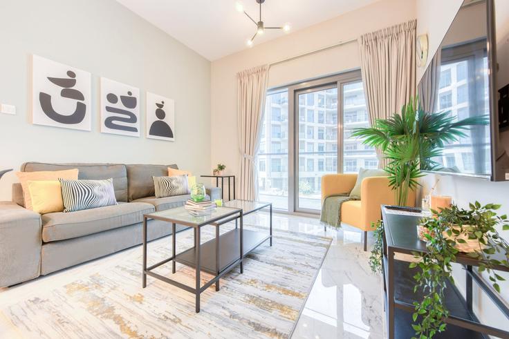 Sala de estar elegantemente projetada com móveis modernos em um apartamento no Building Tariaq Bedon Esm - dlx-holiday-homes - 1238575 - DXB em Dubai, Dubai Sala de estar elegantemente projetada com móveis modernos em um apartamento no Building Tariaq Bedon Esm - dlx-holiday-homes - 1238575 - DXB em Dubai, Dubai