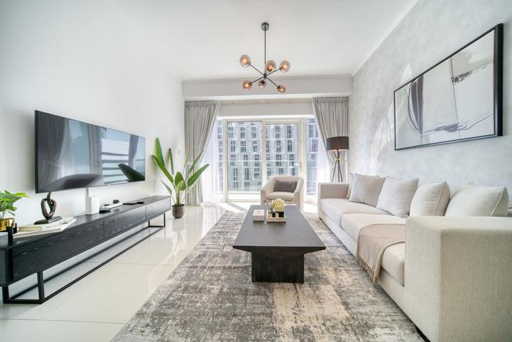 Elegantly designed living room with modern furnishings in an apartment at Building Tariaq Bedon Esm - dlx-holiday-homes - 1238862 - DXB in Dubai Marina, Dubai Elegantly designed living room with modern furnishings in an apartment at Building Tariaq Bedon Esm - dlx-holiday-homes - 1238862 - DXB in Dubai Marina, Dubai