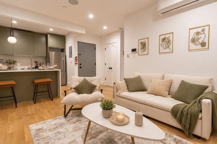 Salle de séjour élégante avec mobilier moderne dans un appartement à Building Schaefer Street - dreamcity-stays - 1359082 à Brooklyn, New York