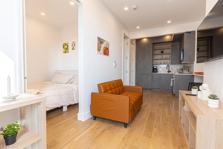 Elegantly designed living room with modern furnishings in an apartment at Building Schaefer Street - dreamcity-stays - 1515248 in Brooklyn, New York