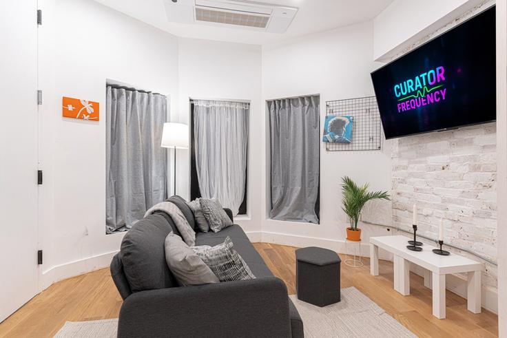 Salle de séjour élégante avec mobilier moderne dans un appartement à Building Schaefer Street - dreamcity-stays - 1593522 à Brooklyn, New York
