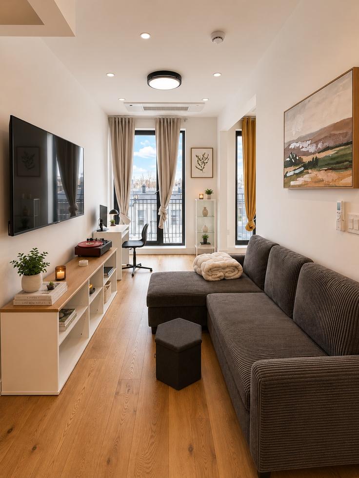 Elegantly designed living room with modern furnishings in an apartment at Building Wilson Avenue - dreamcity-stays - 1521445 in Brooklyn, New York Elegantly designed living room with modern furnishings in an apartment at Building Wilson Avenue - dreamcity-stays - 1521445 in Brooklyn, New York
