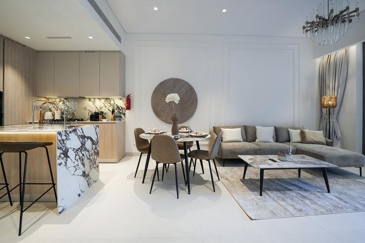 Salle de séjour élégante avec mobilier moderne dans un appartement à Building Tariaq Bedon Esm - easy-go-vacation-homes-rental-llc - 1313348 - DXB à Arjan-Dubailand, Dubai
