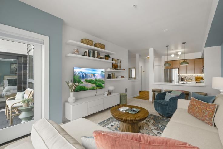 Elegantly designed living room with modern furnishings in an apartment at Building East Pine Street - enclaves - 1541885 in Seattle, Seattle
