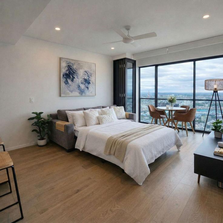 Elegant gestaltetes Wohnzimmer mit moderner Einrichtung in einer Wohnung im Building Wickham Street - epic-stays - 1241424 - AUS in Fortitude Valley, Brisbane