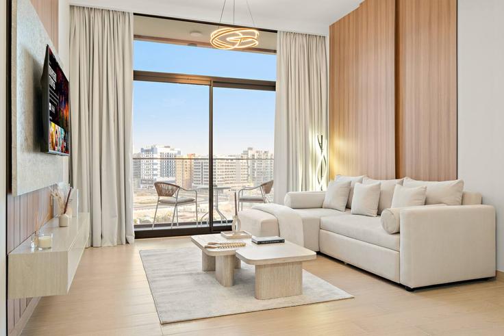 Sala de estar elegantemente projetada com móveis modernos em um apartamento no Building Tariaq Bedon Esm - first-class - 1363960 em Wadi Al Safa 3, Dubai