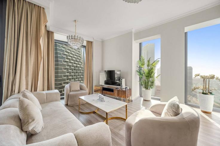 Elegant gestaltetes Wohnzimmer mit moderner Einrichtung in einer Wohnung im Building Sheikh Mohammed bin Rashid Boulevard - first-class - 1336284 in Downtown Dubai, Dubai