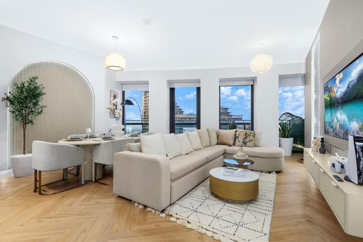 Elegant gestaltetes Wohnzimmer mit moderner Einrichtung in einer Wohnung im Building Sheikh Mohammed bin Rashid Boulevard - first-class - 1336292 in Downtown Dubai, Dubai