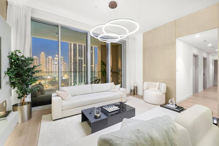 Elegante sala de estar con mobiliario moderno en un apartamento en Building Al Mustaqbal Street - first-class - 1336364 en Downtown Dubai, Dubai