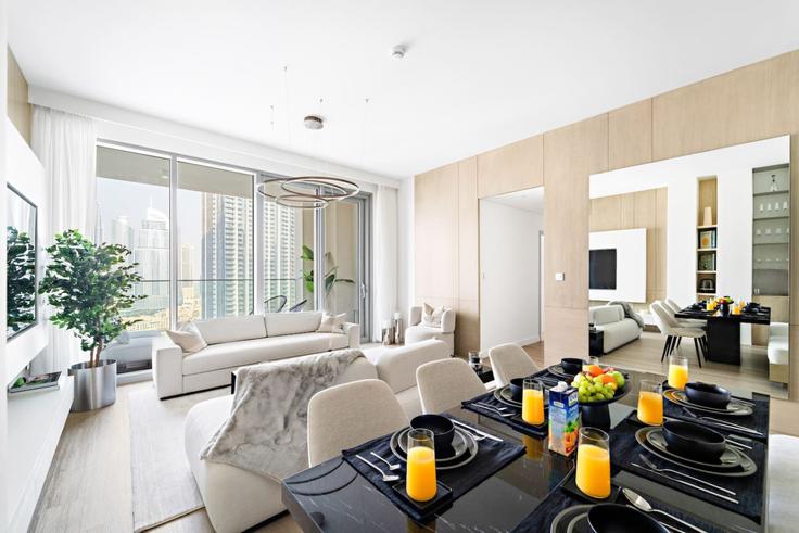 Elegant gestaltetes Wohnzimmer mit moderner Einrichtung in einer Wohnung im Building Al Mustaqbal Street - first-class - 1336364 in Downtown Dubai, Dubai Elegant gestaltetes Wohnzimmer mit moderner Einrichtung in einer Wohnung im Building Al Mustaqbal Street - first-class - 1336364 in Downtown Dubai, Dubai
