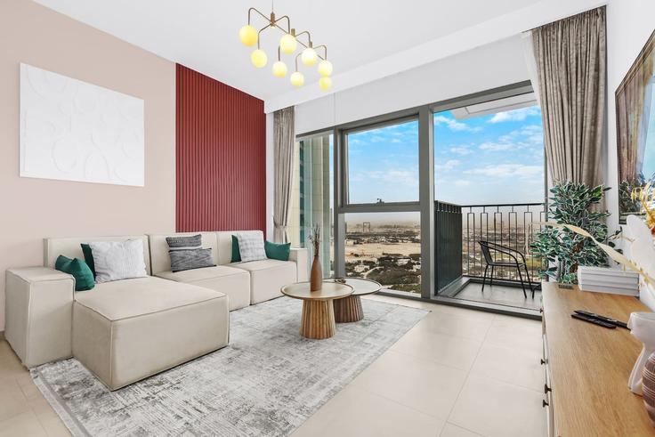 Elegante sala de estar con mobiliario moderno en un apartamento en Building Tariaq Bedon Esm - first-class - 1336462 en Zaa'beel Second, Dubai