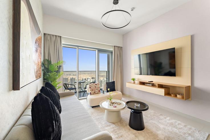 Dubai Downtown DubaiのBuilding Burj Khalifa Boulevard - first-class - 1336527のアパートメントにある、モダンな家具を備えたエレガントなデザインのリビングルーム