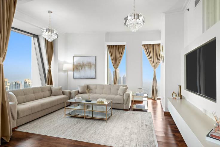 Elegant gestaltetes Wohnzimmer mit moderner Einrichtung in einer Wohnung im Building Al Mustaqbal Street - first-class - 1336531 in Downtown Dubai, Dubai Elegant gestaltetes Wohnzimmer mit moderner Einrichtung in einer Wohnung im Building Al Mustaqbal Street - first-class - 1336531 in Downtown Dubai, Dubai