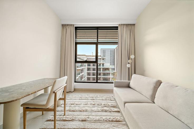 Elegantly designed living room with modern furnishings in an apartment at Building Tariaq Bedon Esm - first-class - 1336558 in Dubai Hills Estate, Dubai Elegantly designed living room with modern furnishings in an apartment at Building Tariaq Bedon Esm - first-class - 1336558 in Dubai Hills Estate, Dubai