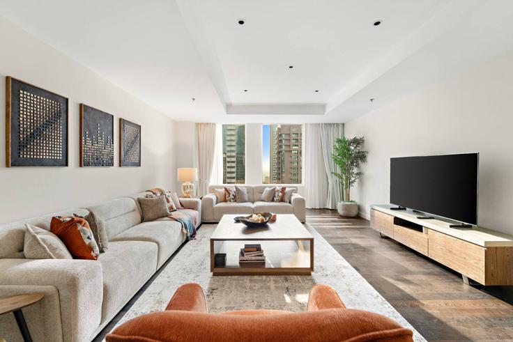 Elegantly designed living room with modern furnishings in an apartment at Building Al Sukook Street - first-class - 1336620 in Trade Center, Dubai Elegantly designed living room with modern furnishings in an apartment at Building Al Sukook Street - first-class - 1336620 in Trade Center, Dubai