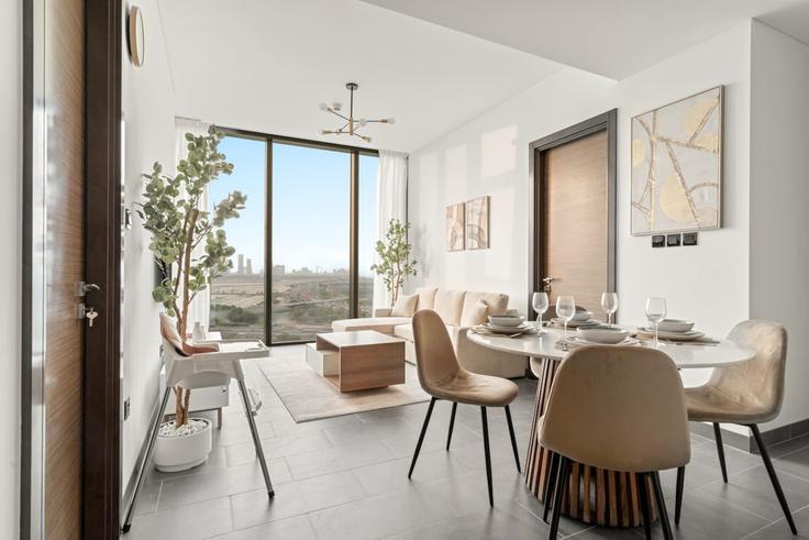 Elegante sala de estar con mobiliario moderno en un apartamento en Building Tariaq Bedon Esm - first-class - 1336676 en Nad Al Sheba, Dubai