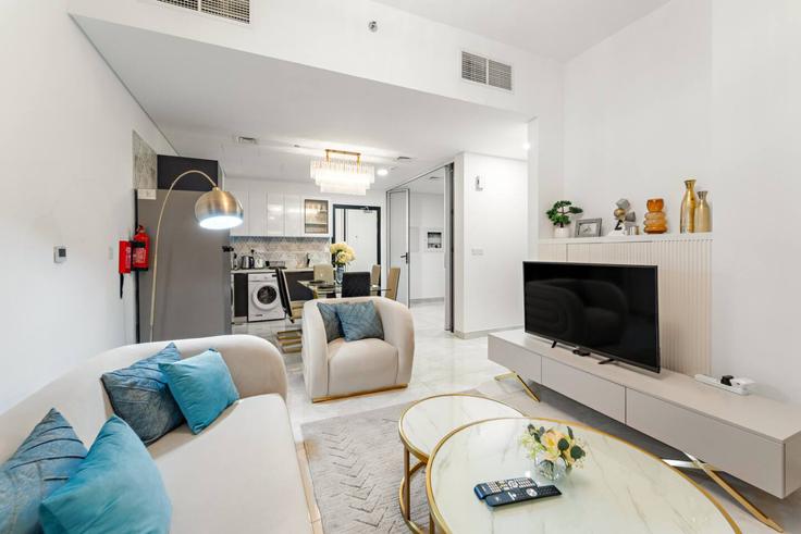 Elegantly designed living room with modern furnishings in an apartment at Building Gardens Boulevard - first-class - 1336678 in Jebel Ali Village, Dubai Elegantly designed living room with modern furnishings in an apartment at Building Gardens Boulevard - first-class - 1336678 in Jebel Ali Village, Dubai