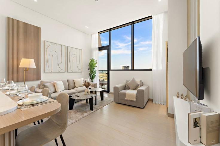 Elegante sala de estar con mobiliario moderno en un apartamento en Building Jumeriah Village St 1 - first-class - 1378253 en Al Barsha South Fourth, Dubai