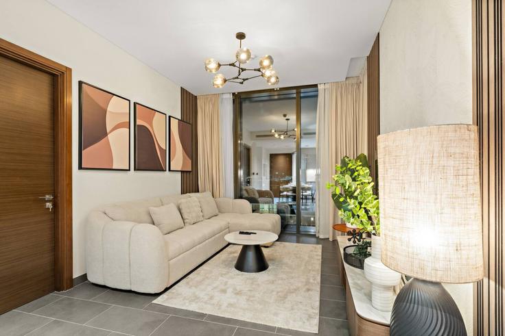 Elegantly designed living room with modern furnishings in an apartment at Building Tariaq Bedon Esm - first-class - 1382482 in Nad Al Sheba, Dubai