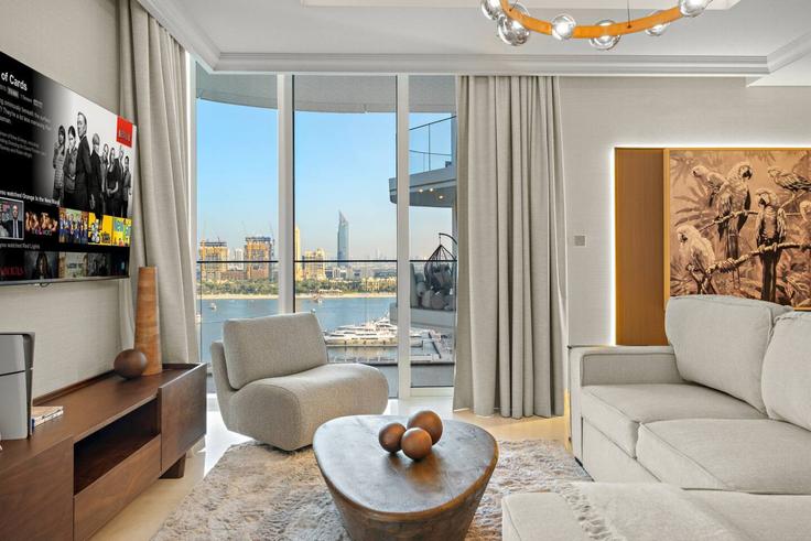 Elegantly designed living room with modern furnishings in an apartment at Building Tariaq Bedon Esm - first-class - 1466497 in Marsa Dubai, Dubai