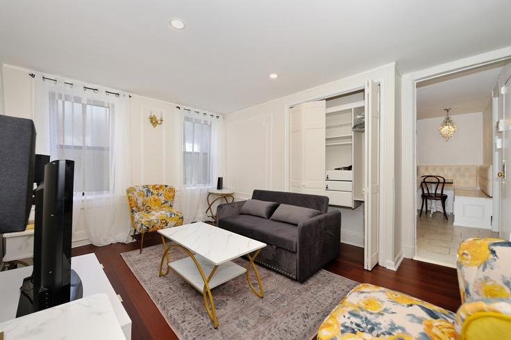Elegant gestaltetes Wohnzimmer mit moderner Einrichtung in einer Wohnung im Building Centre Street - furnishedhabitat - 1323919 in Manhattan, New York