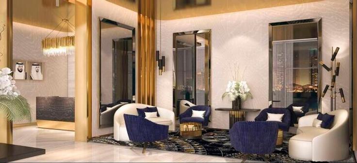 Sala de estar elegantemente projetada com móveis modernos em um apartamento no Building Street 6 - globalstayinc - 1345873 em Dubai, Dubai