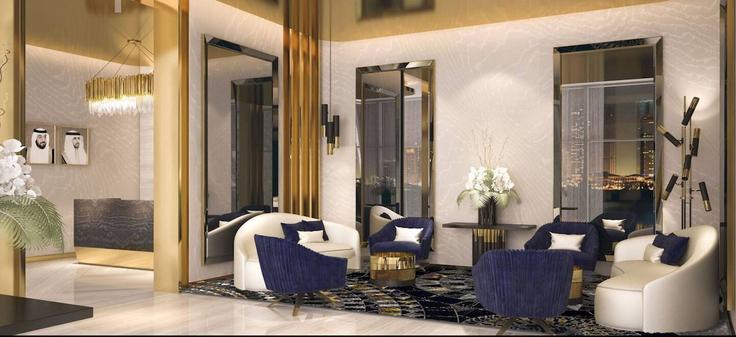Sala de estar elegantemente projetada com móveis modernos em um apartamento no Building Marasi Drive - globalstayinc - 1346035 em Business Bay, Dubai