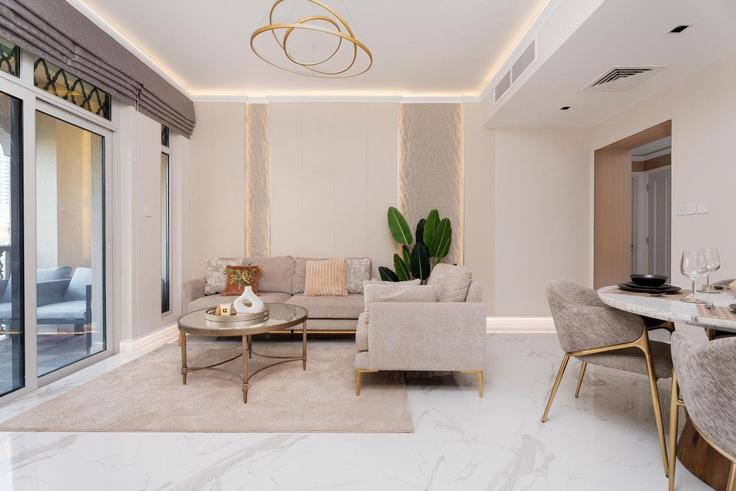 Elegantly designed living room with modern furnishings in an apartment at Building Tariaq Bedon Esm - guestready-dxb - 1497088 in Burj Khalifa, Dubai