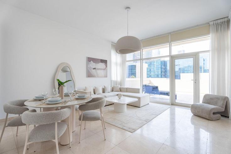 Elegantly designed living room with modern furnishings in an apartment at Building Tariaq Bedon Esm - guestready-dxb - 1497108 in Business Bay, Dubai