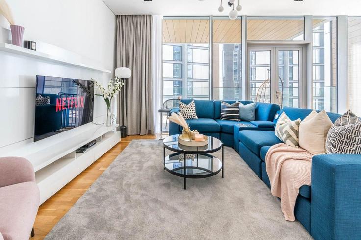 Elegantly designed living room with modern furnishings in an apartment at Building Tariaq Bedon Esm - guestready-dxb - 1386975 in Bluewaters Island, Dubai