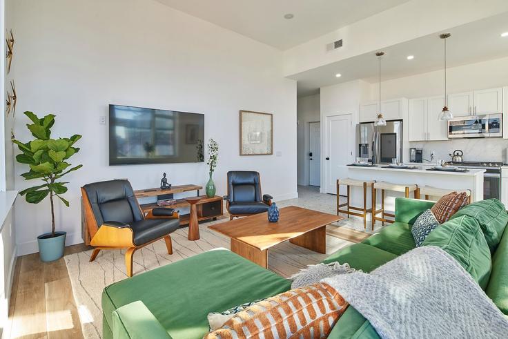 Hoboken, Hoboken 소재 Building Newark Street - harmonyapartments - 1041919 유닛에 마련된, 현대적인 가구로 꾸며진 우아한 디자인의 거실 Hoboken, Hoboken 소재 Building Newark Street - harmonyapartments - 1041919 유닛에 마련된, 현대적인 가구로 꾸며진 우아한 디자인의 거실