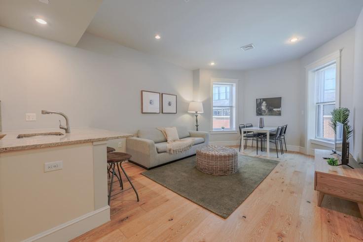 Sala de estar elegantemente projetada com móveis modernos em um apartamento no Building Newbury Street - healinghomesofboston - 1541052 em Boston, Boston