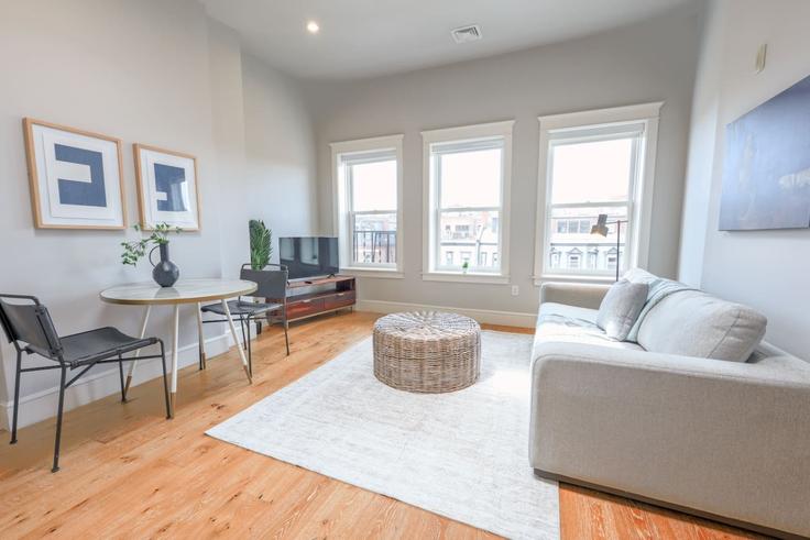 Elegante sala de estar con mobiliario moderno en un apartamento en Building Newbury Street - healinghomesofboston - 1541058 en Boston, Boston