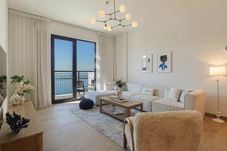 Sala de estar elegantemente projetada com móveis modernos em um apartamento no Building Tariaq Bedon Esm - higuests-vacation-homes-rentals - 1385060 em Jumeirah, Dubai