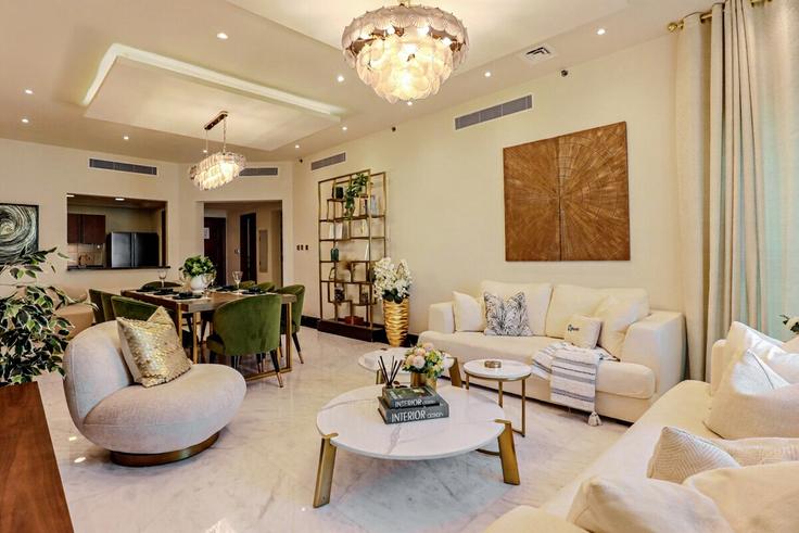 Elegantly designed living room with modern furnishings in an apartment at Building Palm Jumeirah Rd - higuests-vacation-homes-rentals - 1385068 in The Palm Jumeirah, Dubai Elegantly designed living room with modern furnishings in an apartment at Building Palm Jumeirah Rd - higuests-vacation-homes-rentals - 1385068 in The Palm Jumeirah, Dubai