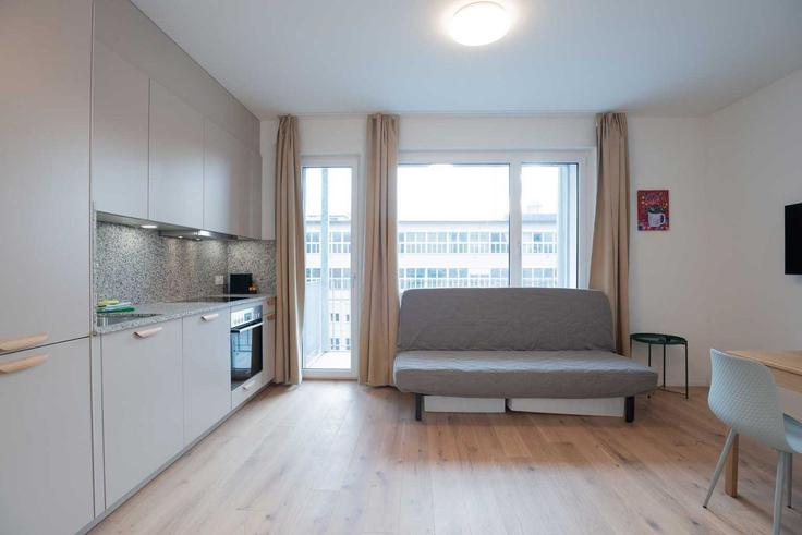 Sala de estar elegantemente projetada com móveis modernos em um apartamento no Building Hohlstrasse - hitrental-ag - 1419300 em District 9, Zurich Sala de estar elegantemente projetada com móveis modernos em um apartamento no Building Hohlstrasse - hitrental-ag - 1419300 em District 9, Zurich