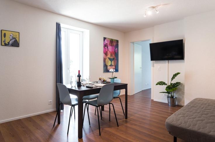 Elegante sala de estar con mobiliario moderno en un apartamento en Building Buckhauserstrasse - hitrental-ag - 1458926 en District 9, Zurich
