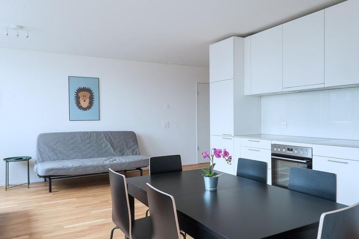 Sala de estar elegantemente projetada com móveis modernos em um apartamento no Building Erlenmattstrasse - hitrental-ag - 1459738 em Basel, Basel