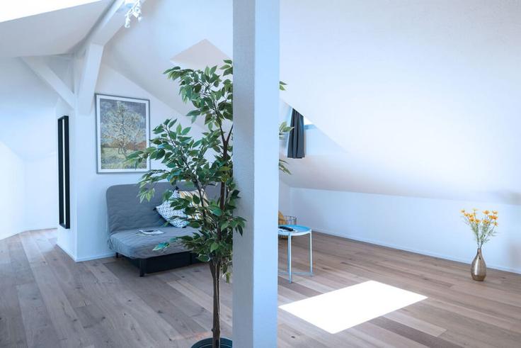 Elegante sala de estar con mobiliario moderno en un apartamento en Building Birmensdorferstrasse - hitrental-ag - 1459747 en District 9, Zurich