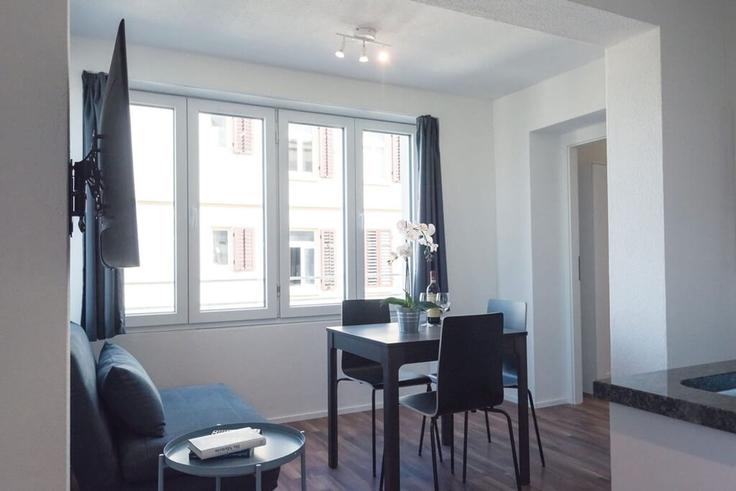 Elegante sala de estar con mobiliario moderno en un apartamento en Building Birmensdorferstrasse - hitrental-ag - 1461683 en District 9, Zurich