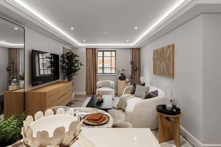 Elegante sala de estar con mobiliario moderno en un apartamento en Building Kensington High Street - hive-stays-ltd - 1506235 en Royal Borough of Kensington and Chelsea, London