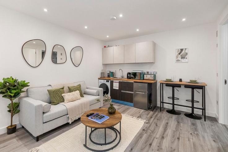 Sala de estar elegantemente projetada com móveis modernos em um apartamento no Building Prout Grove - home-to-host-usa - 1466629 em London Borough of Brent, London Sala de estar elegantemente projetada com móveis modernos em um apartamento no Building Prout Grove - home-to-host-usa - 1466629 em London Borough of Brent, London