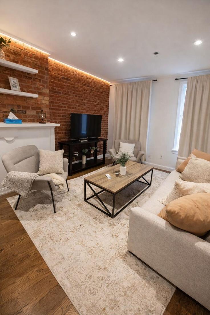 Sala de estar elegantemente projetada com móveis modernos em um apartamento no Building Madison Street - home-to-host-usa - 1466892 em Brooklyn, New York